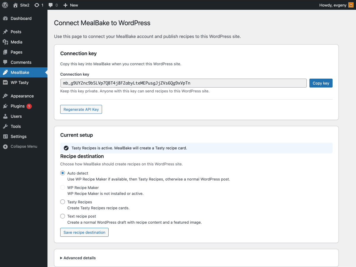 MealBake plugin settings showing Tasty Recipes detected on a WordPress site.