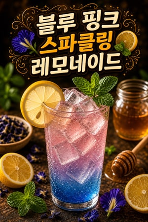 집에서 만드는 손님 초대용 색이 변하는 블루-핑크 스파클링 나비완두꽃 레모네이드(꿀·민트)
