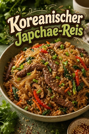Herzhafter Koreanischer Japchae Fried Rice mit Glasnudeln
