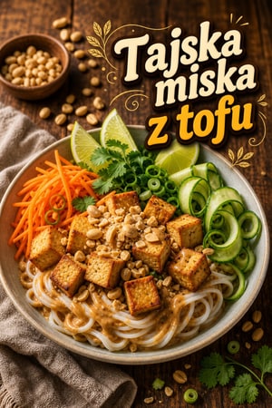 Kolorowa tajska miska makaronu ryżowego z tofu i orzeszkami