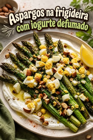 Aspargos na frigideira com iogurte defumado e amêndoas