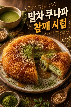 집에서 만드는 말차 카나페: 버터리 카타이피와 녹차향의 부드러운 말차 치즈, 참깨 시럽 퓨전 디저트