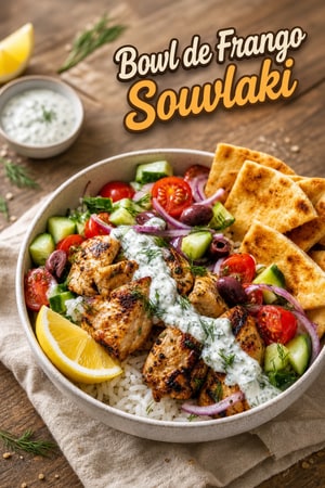 Taças de Frango Souvlaki à Grega com Tzatziki e Pita Crocante