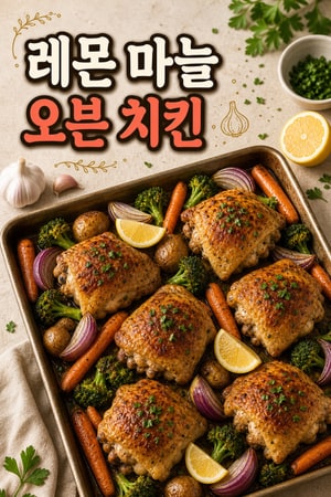 레몬 갈릭 시트팬 치킨과 구운 채소 — 감자와 브로콜리 포함, 마늘향 가득 레몬즙으로 촉촉하게 굽는 저녁