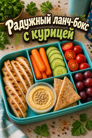 Радужный бенто-бокс с курицей и хумусом для школы