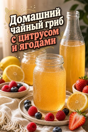 Простой низкосахарный чайный гриб с цитрусом и ягодами