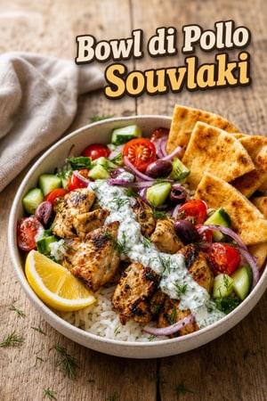 Ciotole di Pollo Souvlaki Greco con Tzatziki e Pita Croccante