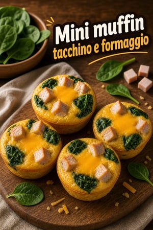 Mini muffin salati tacchino e formaggio, ricchi di proteine