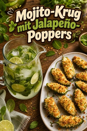 Mojito-Krug mit würzigen Käse-Jalapeño-Poppers zum Freitagabend