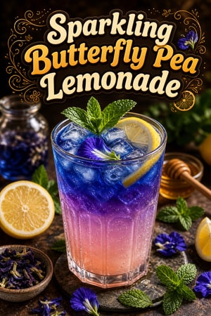 Sparkling Butterfly Pea Flower Lemonade with Honey & Mint