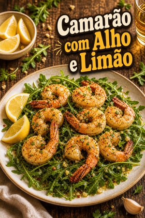 Camarão com Alho e Limão sobre Cama de Rúcula Fresca