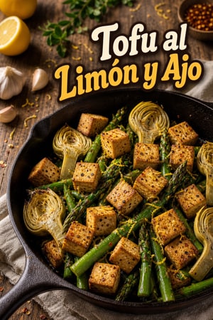 Tofu al Limón y Ajo con Espárragos y Alcachofas