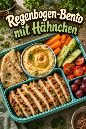 Regenbogen-Bento mit Hähnchen und Hummus für die Schule