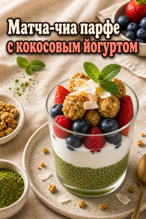 Кремовый матча-чиа парфе с кокосовым йогуртом и ягодами