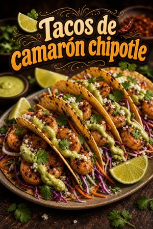 Tacos de camarón chipotle y lima con crema de aguacate