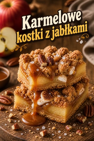 Słone kostki karmelowe z jabłkami, pianką i kruszonką