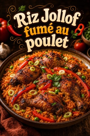 Riz Jollof fumé d'Afrique de l'Ouest au poulet épicé