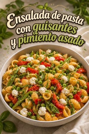 Ensalada de pasta con guisantes y pimiento rojo asado
