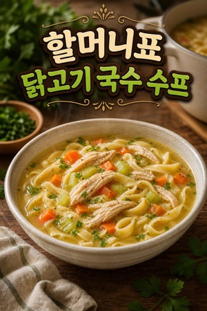 할머니표 닭고기 국수 수프 - 허브와 야채를 곁들인 편안한 한끼