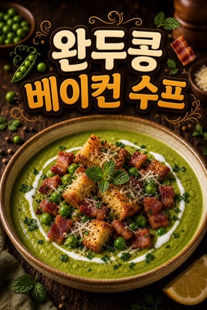집에서 만드는 간단한 크리미 완두콩 베이컨 수프, 레몬과 민트로 상큼하게 고소한 파르메산 크루통 토핑
