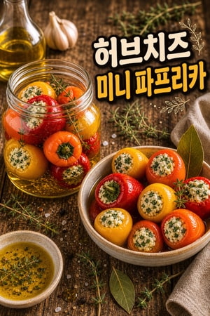 파티용 보관 가능한 간편한 허브 치즈와 마늘로 속을 채운 미니 파프리카 올리브오일 마리네이드