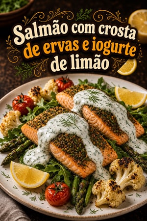Salmão com crosta de ervas, iogurte de limão e endro