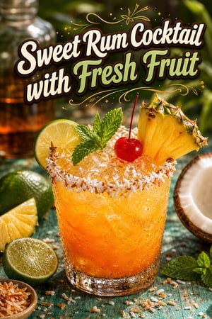 Sweet Rum Cocktail with Fresh Fruit and Coconut Twist