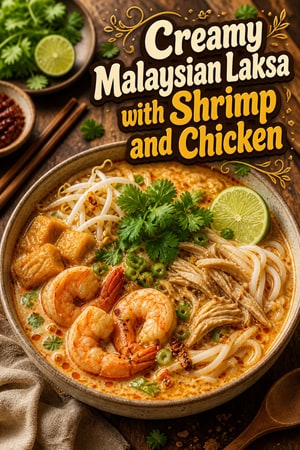 Creamy Malaysian Laksa Noodle Soup with Shrimps and Chicken