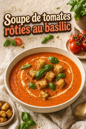 Soupe crémeuse de tomates rôties, basilic et croûtons