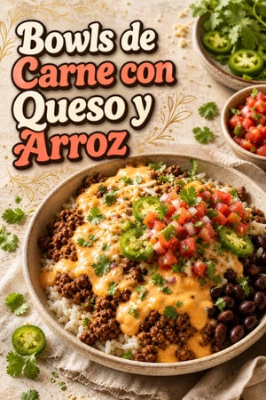 Bowls de Carne con Queso y Arroz con Pico de Gallo Fresco