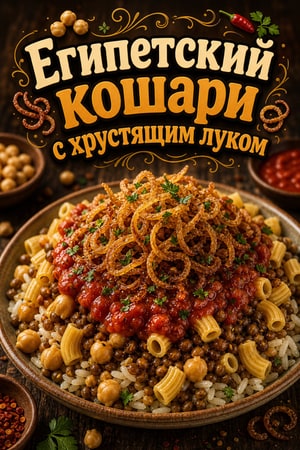 Аутентичный египетский кошари: рис, чечевица и лук