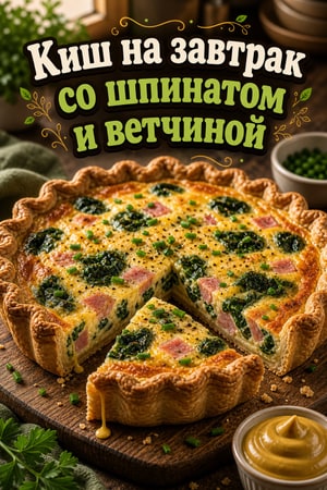 Простой сырный киш со шпинатом, ветчиной и травами