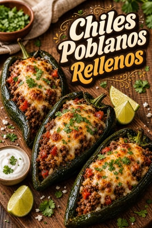 Chiles Poblanos Rellenos de Carne Molida, Arroz y Queso