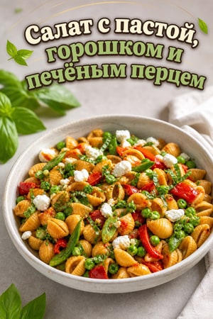 Летний салат с пастой, горошком и печеным красным перцем