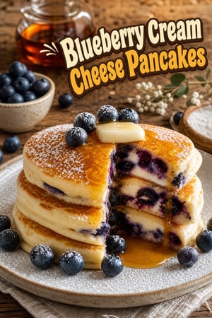 Fluffy Pancakes with Baked-In Blueberry and Cream Cheese Filling