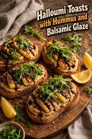 Halloumi Toasts with Hummus and Balsamic Glaze