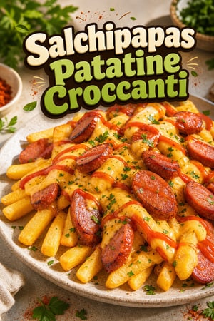 Salchipapas: Patatine Croccanti con Salsiccia e Salsa di Formaggio