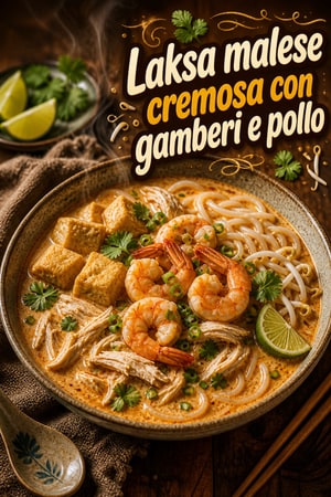 Laksa malese cremoso e profumato con gamberi e pollo