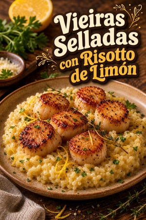 Vieiras Selladas con Risotto Cremoso de Limón y Mantequilla