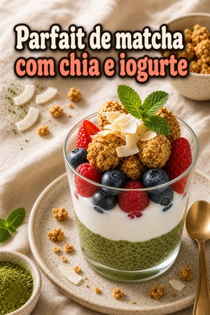 Parfait cremoso de matcha com chia, iogurte e frutas