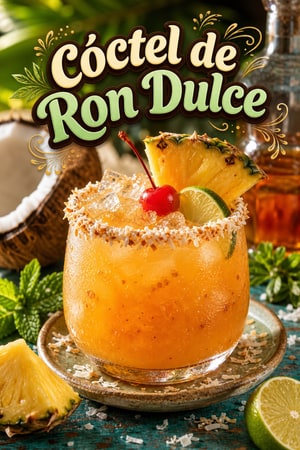 Cóctel de Ron Dulce con Frutas y Coco Tropical