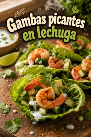 Gambas picantes en hojas de lechuga con lima y yogur