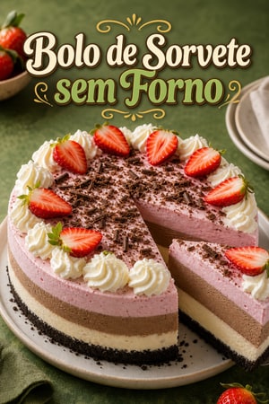 Bolo de Sorvete sem Forno com Calda de Chocolate