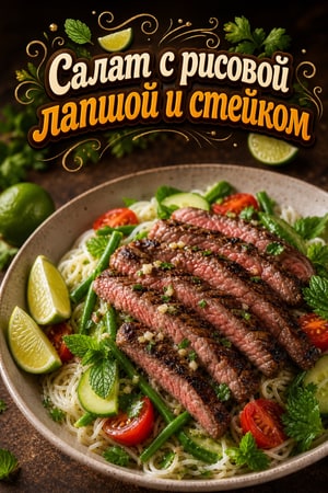 Салат с рисовой лапшой, стейком, чесноком и лаймом