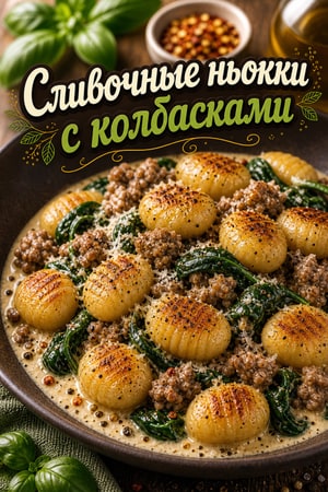 Сливочные ньокки с итальянскими колбасками на сковороде
