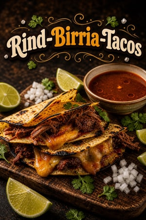 Rauchige Rind-Birria-Tacos mit reichem Consomé - zum Dippen