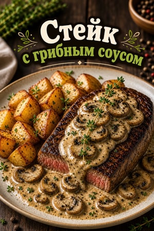 Говяжий стейк с картофелем и грибами в сливочном соусе