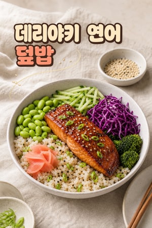 테리야키 연어 덮밥 - 참깨밥과 아삭한 야채