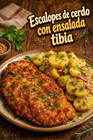 Escalopes de cerdo con ensalada alemana tibia y mostaza