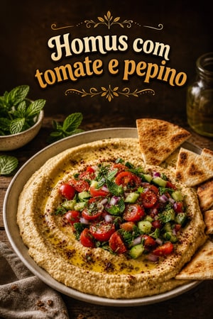 Homus coberto com tomates e pepinos